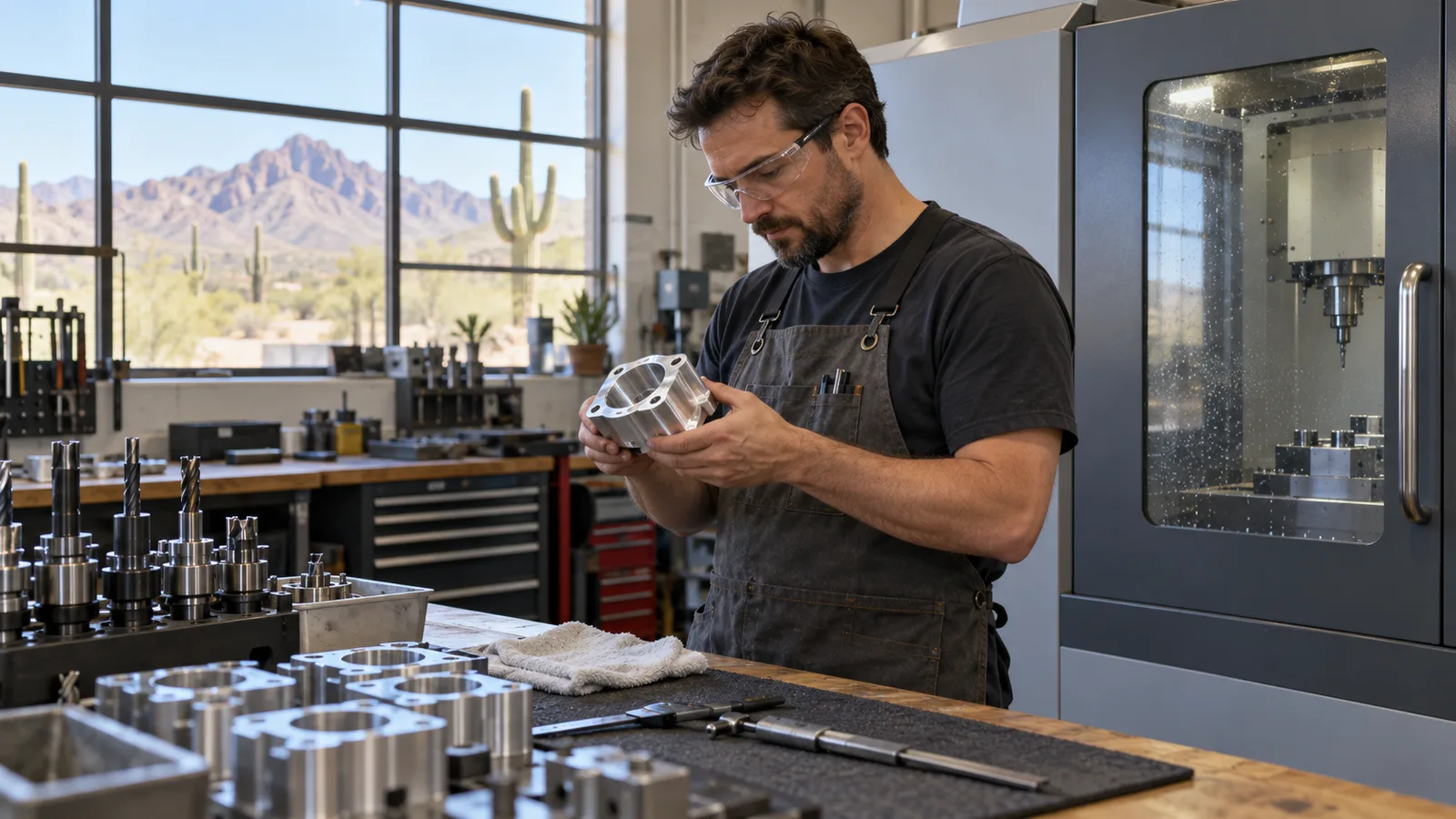 Machining shop owner inspecting a manufactured component