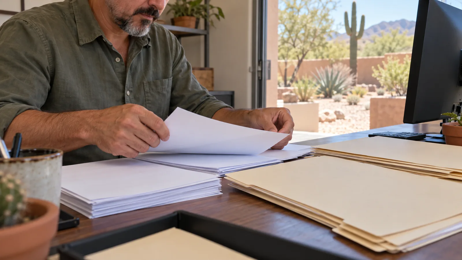 Business records and folders organized for an owner review